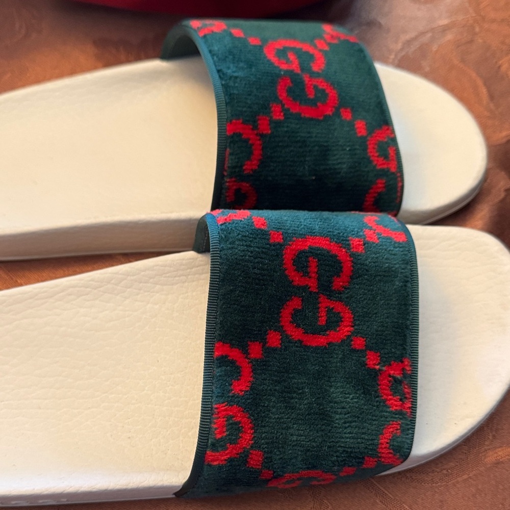 Gucci Velvet Gross Grain Cream Red & Green Velvet Slides Shoes 39 9